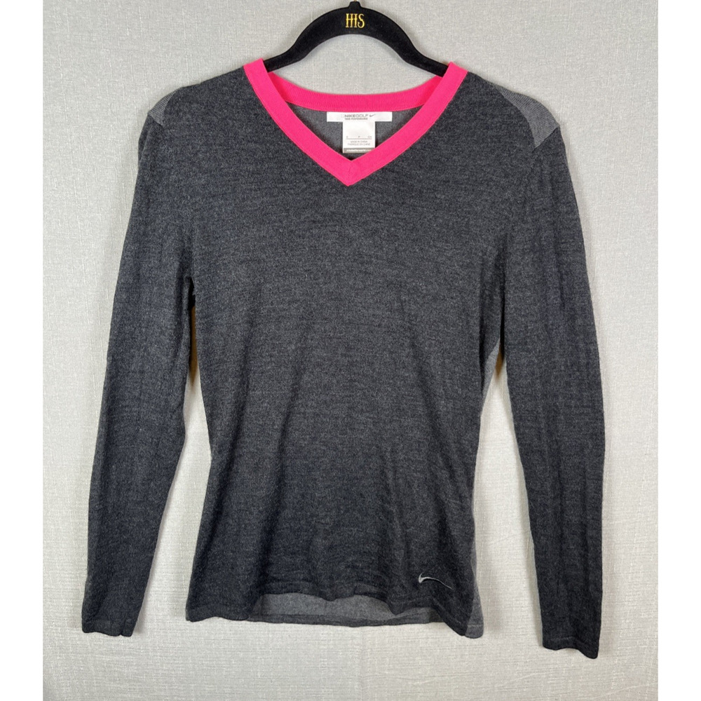 Nike Golf Womens Size Small Merino Wool Blend V-Neck Sweater Grey Pink Trim EUC
